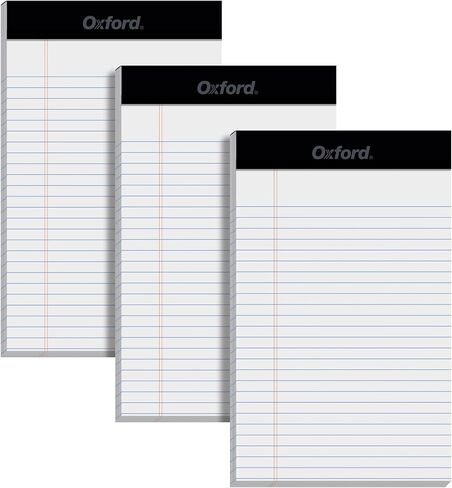 Oxford 5 x 8 Inch Legal Pads, 3 Pack, Narrow Ruled on Both Sides, White Lined Paper, 50 Perforated Sheets Per Writing Pad, Proudly Made in the USA (1017034) in Saudi Arabia