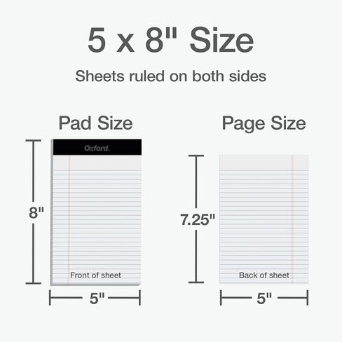 Oxford 5 x 8 Inch Legal Pads, 3 Pack, Narrow Ruled on Both Sides, White Lined Paper, 50 Perforated Sheets Per Writing Pad, Proudly Made in the USA (1017034) in Saudi Arabia