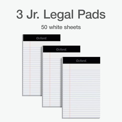 Oxford 5 x 8 Inch Legal Pads, 3 Pack, Narrow Ruled on Both Sides, White Lined Paper, 50 Perforated Sheets Per Writing Pad, Proudly Made in the USA (1017034) in Saudi Arabia