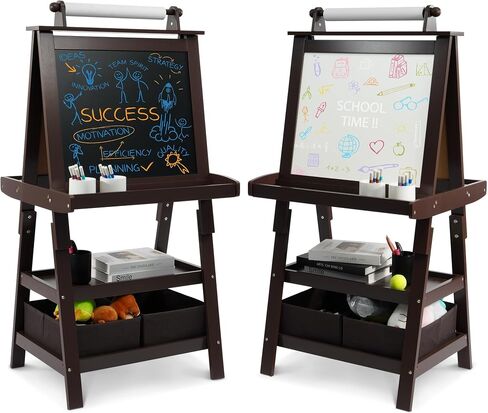 Art Easel for Kids, 3 in 1 Adjustable Wooden Kids Drawing Easel, Double-Sided Whiteboard, Chalkboard & Paper Roll, 2-Tier Rack with 2 Storage Boxes, Standing Easel for for Painting & Drawing in Saudi Arabia