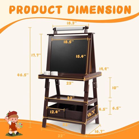 Art Easel for Kids, 3 in 1 Adjustable Wooden Kids Drawing Easel, Double-Sided Whiteboard, Chalkboard & Paper Roll, 2-Tier Rack with 2 Storage Boxes, Standing Easel for for Painting & Drawing in Saudi Arabia