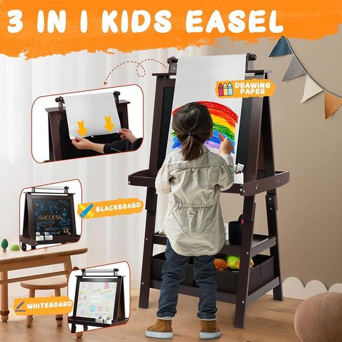 Art Easel for Kids, 3 in 1 Adjustable Wooden Kids Drawing Easel, Double-Sided Whiteboard, Chalkboard & Paper Roll, 2-Tier Rack with 2 Storage Boxes, Standing Easel for for Painting & Drawing in Saudi Arabia