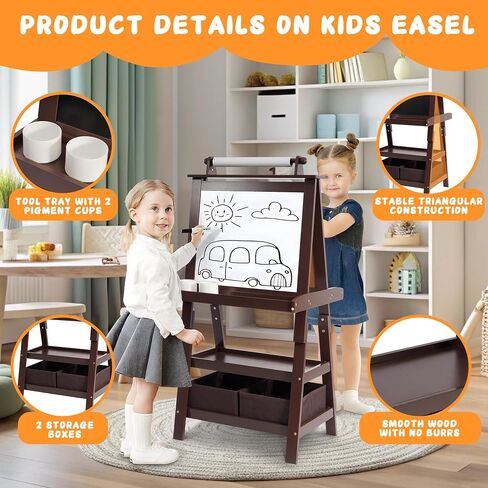 Art Easel for Kids, 3 in 1 Adjustable Wooden Kids Drawing Easel, Double-Sided Whiteboard, Chalkboard & Paper Roll, 2-Tier Rack with 2 Storage Boxes, Standing Easel for for Painting & Drawing in Saudi Arabia