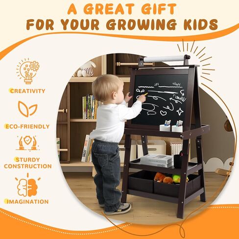 Art Easel for Kids, 3 in 1 Adjustable Wooden Kids Drawing Easel, Double-Sided Whiteboard, Chalkboard & Paper Roll, 2-Tier Rack with 2 Storage Boxes, Standing Easel for for Painting & Drawing in Saudi Arabia