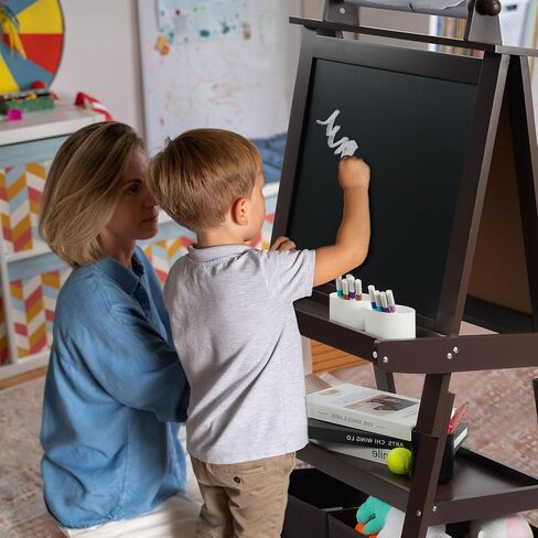 Art Easel for Kids, 3 in 1 Adjustable Wooden Kids Drawing Easel, Double-Sided Whiteboard, Chalkboard & Paper Roll, 2-Tier Rack with 2 Storage Boxes, Standing Easel for for Painting & Drawing in Saudi Arabia
