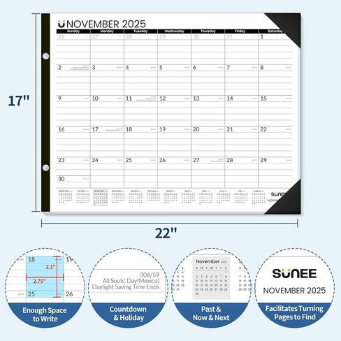 SUNEE 2025-2026 تقويم مكتب كبير 22x17 حتى ديسمبر 2026 ، لوحة تقويم كبيرة للمعلمين من المكتب 18 شهرًا لسطح المكتب ، الأسود in Kuwait
