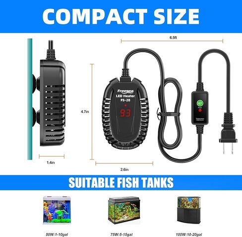 FREESEA Aquarium Fish Tank Heater: 50W Small Submersible Turtle Heater with Adjustable Temperature External Controller for Betta | Saltwater | Freshwater | 1-10 Gallon in Saudi Arabia