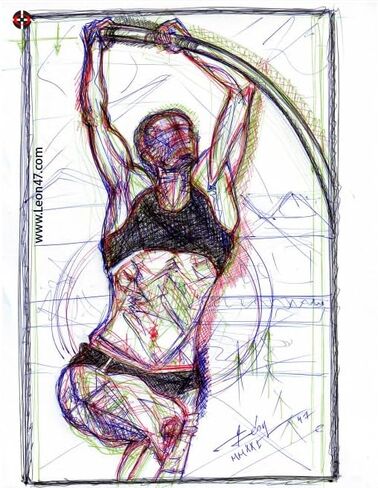 Girl in Motion n.4(2) ORG, Freehand Figure Drawing, Female Athlete, Pole Jumping, Leon 47, Pen on Paper - Letter Size / A4 210 x 297 mm (8.27 x 11.69 in) in Saudi Arabia
