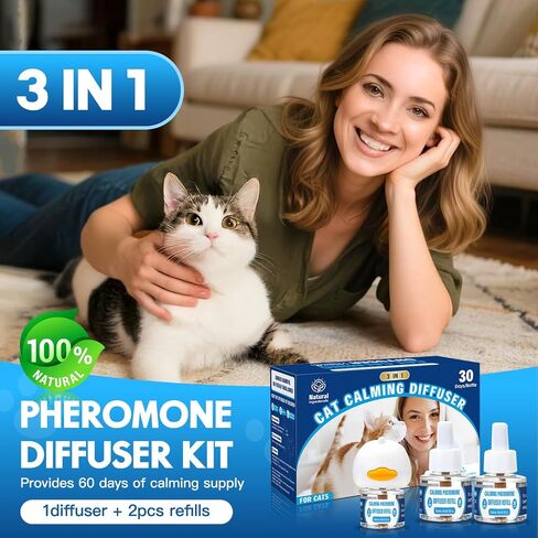 Pheromones التهدئة Cat Diffuser: 3-in-1 Kit Cat Reputing Pheromone Diffuser to to to to to to to to expliens (1 × 2 × 48 مل) للراحة يقلل من قلق الإجهاد ، والفوومون المريح منذ فترة طويلة ل Pet Cat (3in1) in Kuwait
