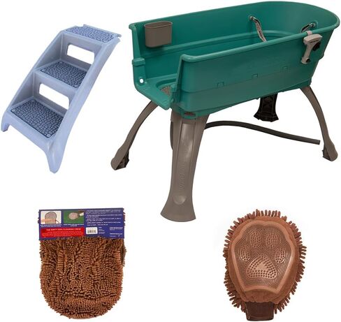 Booster Bath Elevated Pet Bathing Large Teal with Steps and Brown DGS Cleaning Crew Combo in Kuwait