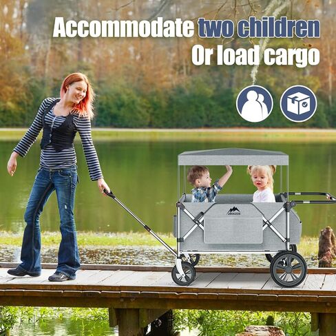 Foldable Wagons for Two Kids & Cargo, with 5-Point Harnesses,Adjustable Push/Pull Handle, Removable Sun Canopy, One-Step Locking Design, Suitable for Family Travel, Two Children Ride, Gift in Saudi Arabia