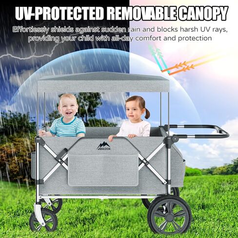 Foldable Wagons for Two Kids & Cargo, with 5-Point Harnesses,Adjustable Push/Pull Handle, Removable Sun Canopy, One-Step Locking Design, Suitable for Family Travel, Two Children Ride, Gift in Saudi Arabia