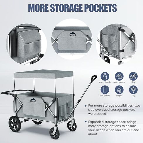 Foldable Wagons for Two Kids & Cargo, with 5-Point Harnesses,Adjustable Push/Pull Handle, Removable Sun Canopy, One-Step Locking Design, Suitable for Family Travel, Two Children Ride, Gift in Saudi Arabia