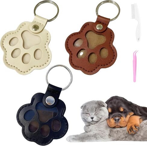 Cat & Dog Hair Keychain - Paw Shaped Leather Memorial Keepsake for Dog Cat Fur Storage, Pet Fur Keepsake Collector with Refillable Capsule (3PCS) in Saudi Arabia