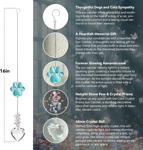 Pet Memorial Suncatcher - الهدايا التذكارية للكلاب ، والتعاطف مع فقدان الحيوانات الأليفة ، والكلاب المدروسة والقطط هدايا ذكرى ، و Cat's Eye Paw Crystal Suncatcher (Peacock Blue) in Kuwait