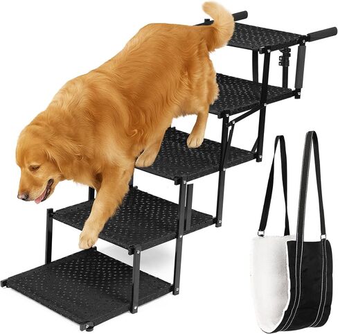 VERALUX Dog Stairs for Large Dogs to Get in Car – 5 Step Foldable Pet Ladder Holds 200lbs – Includes XL Lift Harness – Non-Slip, Joint-Friendly Steps for SUVs, Trucks, Vehicle Entry in Saudi Arabia