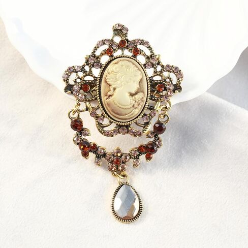 Vintage Inspired Crystal Rhinestone Victorian Lady Cameo Brooch Pin – Floral Ribbon Bow Pendant Jewelry for Women, Elegant Mother's Day Gift (style 3) in Saudi Arabia