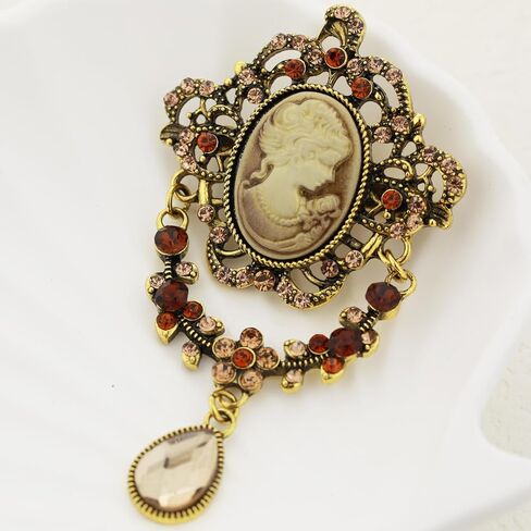 Vintage Inspired Crystal Rhinestone Victorian Lady Cameo Brooch Pin – Floral Ribbon Bow Pendant Jewelry for Women, Elegant Mother's Day Gift (style 3) in Saudi Arabia