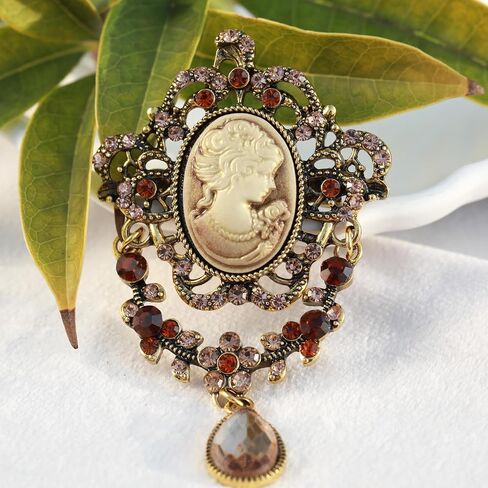 Vintage Inspired Crystal Rhinestone Victorian Lady Cameo Brooch Pin – Floral Ribbon Bow Pendant Jewelry for Women, Elegant Mother's Day Gift (style 3) in Saudi Arabia