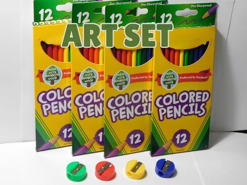 العودة إلى المدرسة - حزمة إمدادات فنية 52 قطعة - حزم قلم رصاص ملونة 4x (12Ct) + 4x Sharpeners - School & Home - Gift Ready by Aleluya Art. in Kuwait