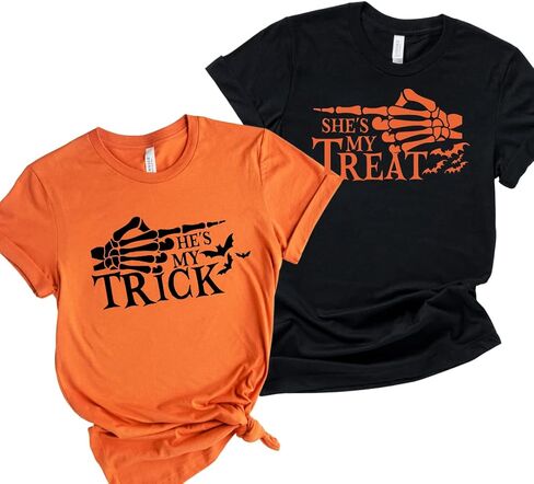 Trick And Treat His and Her Halloween Couple Outfits, Plus Size Matching Halloween Shirts For Couples, Halloween Tshirt Couple For Boyfriend, Girlfriend, Husband and Wife. in Saudi Arabia
