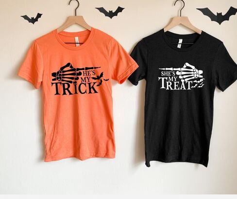 Trick And Treat His and Her Halloween Couple Outfits, Plus Size Matching Halloween Shirts For Couples, Halloween Tshirt Couple For Boyfriend, Girlfriend, Husband and Wife. in Saudi Arabia