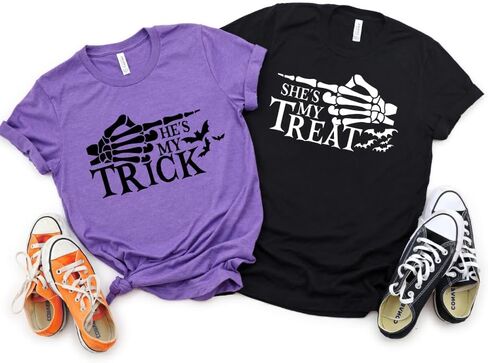 Trick And Treat His and Her Halloween Couple Outfits, Plus Size Matching Halloween Shirts For Couples, Halloween Tshirt Couple For Boyfriend, Girlfriend, Husband and Wife. in Saudi Arabia