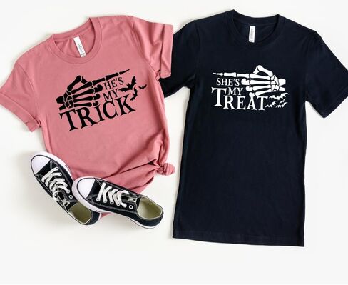 Trick And Treat His and Her Halloween Couple Outfits, Plus Size Matching Halloween Shirts For Couples, Halloween Tshirt Couple For Boyfriend, Girlfriend, Husband and Wife. in Saudi Arabia