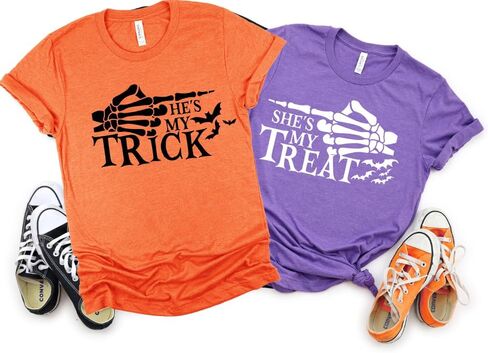 Trick And Treat His and Her Halloween Couple Outfits, Plus Size Matching Halloween Shirts For Couples, Halloween Tshirt Couple For Boyfriend, Girlfriend, Husband and Wife. in Saudi Arabia