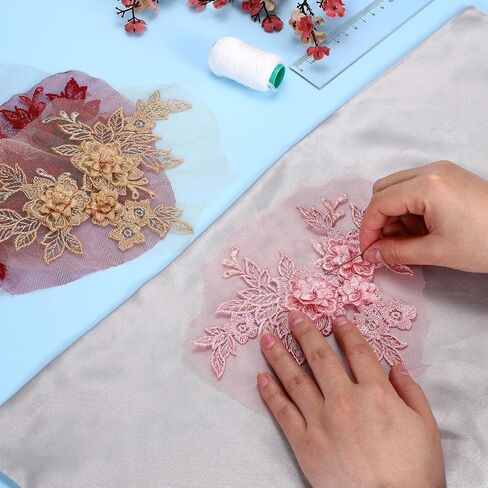 uxcell 2 Pcs Flower Lace Appliques 3D Embroidery Lace Patch Sewing Addition Embellishments for Wedding Bridal Dress Clothes DIY Crafts Accessories Decoration, Red (20cm) in Saudi Arabia