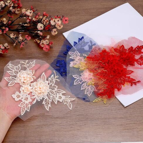 uxcell 2 Pcs Flower Lace Appliques 3D Embroidery Lace Patch Sewing Addition Embellishments for Wedding Bridal Dress Clothes DIY Crafts Accessories Decoration, Red (20cm) in Saudi Arabia