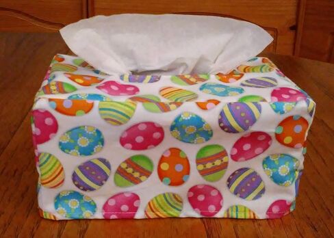 Tissue Box Cover, Rectangle, Colorful Easter Eggs Design On White Fabric Tissue Box Cover, Handmade in Saudi Arabia