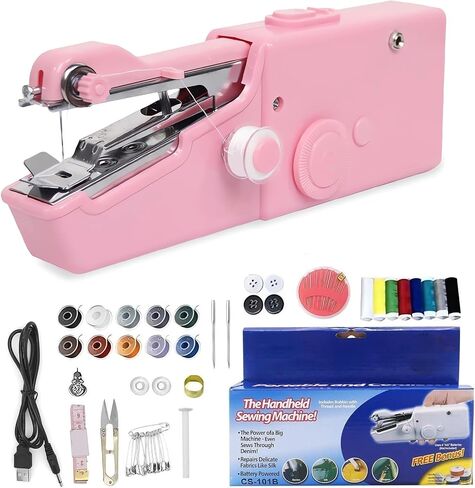 Portable Handheld Sewing Machine Kit Mini USB Electric Stitch Manual Hand Held Stitching Stapler Small Easy Sew Machine Beginners Travel Tiny Tailor Sewing Embroidery Tool Device Heavy Duty (Black) in Kuwait
