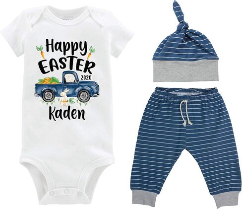 Boy Happy Easter Personalized Baby Truck Boy Stripe Pants Carrots Coming Home Outfit- Bodysuit, Yoga Pants, Hat in Saudi Arabia