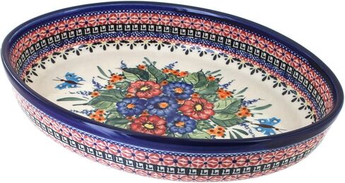 Blue Rose Polish Pottery - Red Jungle Flower Medium Oval Baker - 11.5" x 8" - Unique, Dishwasher Safe, & Durable Bakeware in Kuwait