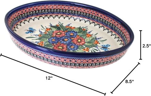 Blue Rose Polish Pottery - Red Jungle Flower Medium Oval Baker - 11.5" x 8" - Unique, Dishwasher Safe, & Durable Bakeware in Kuwait