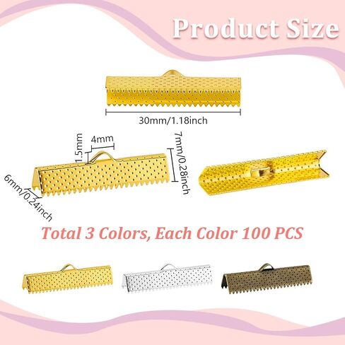 Adhandmaker 300PCS RIBBON CRIMP CLAMP نهايات 3 ألوان الأطراف السلك السحابات مشبك 30 مم سوار الحديد مرجعية تجعيد قرصة ل DIY قلادة قلادة الكرات الحرف الحرف صنع المجوهرات in Kuwait