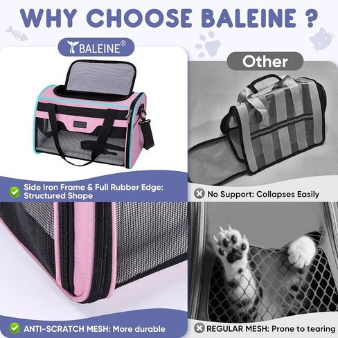 BALEINE Cat Carrier, Puppy Dog Carrier for Small Medium Pets Up to 15 Lbs, Soft-Sided Dog Travel Bag with Safety Zippers, Collapsible Pet Carrying Case (Gray, L, 17"x11"x11") in Saudi Arabia
