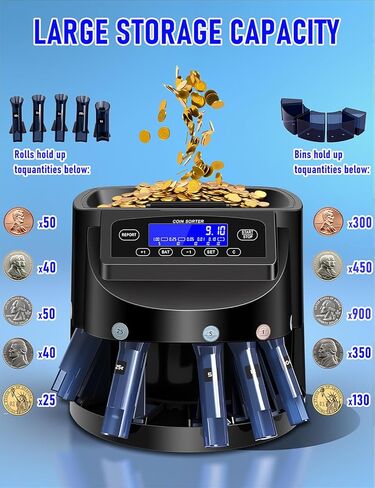 عداد العملة المعدنية ومرور عملة بالدولار الأمريكي مع شاشة LCD ، سعة 300 كوين ، عداد التغيير التلقائي لمدة 1 ￠ 5 ￠ 10 ￠ 25 ￠ $ 1 ، 270 قطعة نقدية/دقيقة ، خلف العملة وآلة التفاف للفرز السريع والدقيق in Kuwait