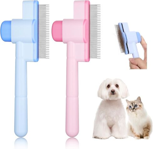 2 Pcs Cats Flea Comb Self Cleaning Dogs Grooming Brush Comfort Safety Stainless Steel Brush Indoor Pets Removal Combs with Release Button for Ticks Shedding Tangles Small Kittens Hairs in Saudi Arabia