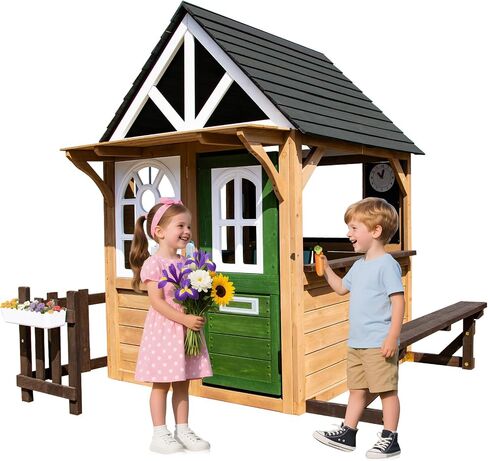 Kids Playhouse-Playset في الهواء الطلق والداخلي ، Playhouse Wooden Playhouse Modern Gray Cedar للأطفال من سن 4 إلى 8 سنوات مع مجموعة المطبخ الوظيفية (تشمل الموقد ، بالوعة) جرس الباب التفاعلي (بني) in Kuwait