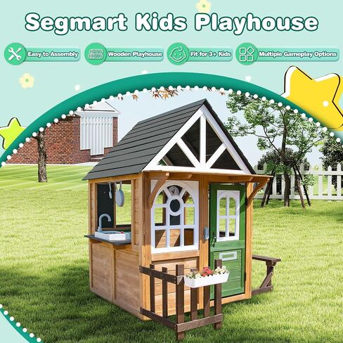 Kids Playhouse-Playset في الهواء الطلق والداخلي ، Playhouse Wooden Playhouse Modern Gray Cedar للأطفال من سن 4 إلى 8 سنوات مع مجموعة المطبخ الوظيفية (تشمل الموقد ، بالوعة) جرس الباب التفاعلي (بني) in Kuwait