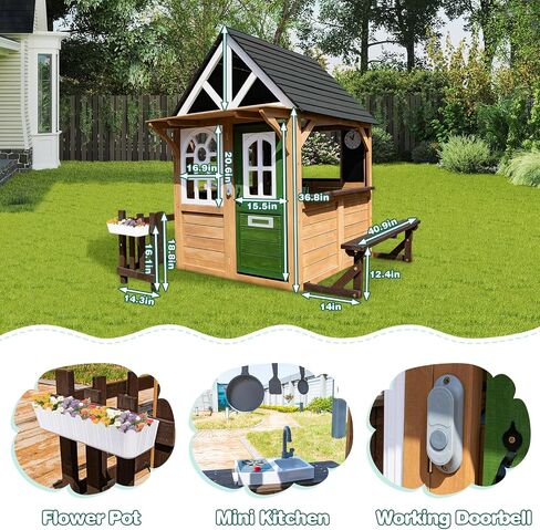 Kids Playhouse-Playset في الهواء الطلق والداخلي ، Playhouse Wooden Playhouse Modern Gray Cedar للأطفال من سن 4 إلى 8 سنوات مع مجموعة المطبخ الوظيفية (تشمل الموقد ، بالوعة) جرس الباب التفاعلي (بني) in Kuwait
