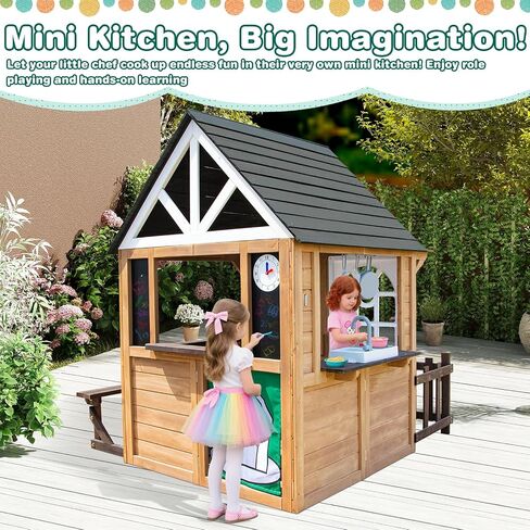 Kids Playhouse-Playset في الهواء الطلق والداخلي ، Playhouse Wooden Playhouse Modern Gray Cedar للأطفال من سن 4 إلى 8 سنوات مع مجموعة المطبخ الوظيفية (تشمل الموقد ، بالوعة) جرس الباب التفاعلي (بني) in Kuwait