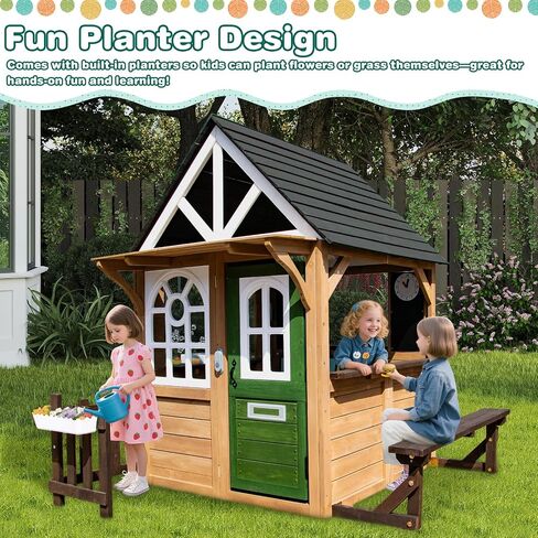 Kids Playhouse-Playset في الهواء الطلق والداخلي ، Playhouse Wooden Playhouse Modern Gray Cedar للأطفال من سن 4 إلى 8 سنوات مع مجموعة المطبخ الوظيفية (تشمل الموقد ، بالوعة) جرس الباب التفاعلي (بني) in Kuwait