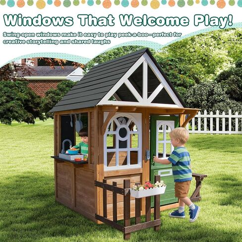 Kids Playhouse-Playset في الهواء الطلق والداخلي ، Playhouse Wooden Playhouse Modern Gray Cedar للأطفال من سن 4 إلى 8 سنوات مع مجموعة المطبخ الوظيفية (تشمل الموقد ، بالوعة) جرس الباب التفاعلي (بني) in Kuwait