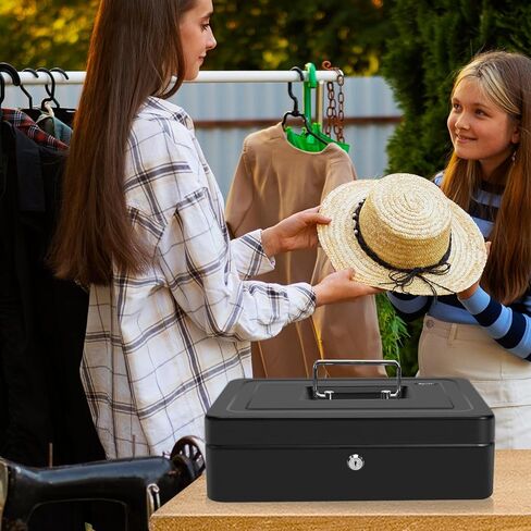 Large Locking Cash Box with Key Lock and Money Tray, Money Box with Cash Tray, Lock Safe Box for Office Business (Matte Black Side-Key) in Kuwait