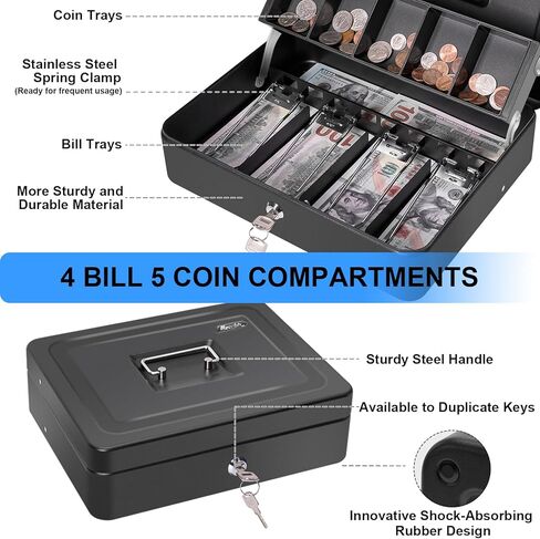 Large Locking Cash Box with Key Lock and Money Tray, Money Box with Cash Tray, Lock Safe Box for Office Business (Matte Black Side-Key) in Kuwait
