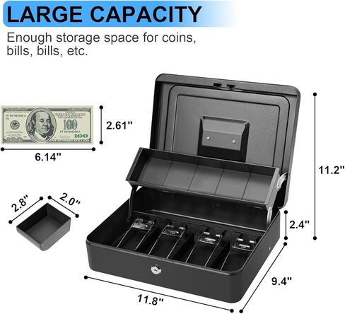 Large Locking Cash Box with Key Lock and Money Tray, Money Box with Cash Tray, Lock Safe Box for Office Business (Matte Black Side-Key) in Kuwait