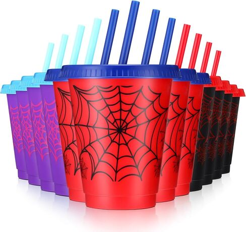 12 Pcs 16 oz Spider Cups Bulk with 3 Styles, Spider Birthday Party Favors Cups with Lids and Straws, Plastic Cup for Birthday Party Decorations, Birthday Party Favor Supplies for Son Daughter Friends in Kuwait